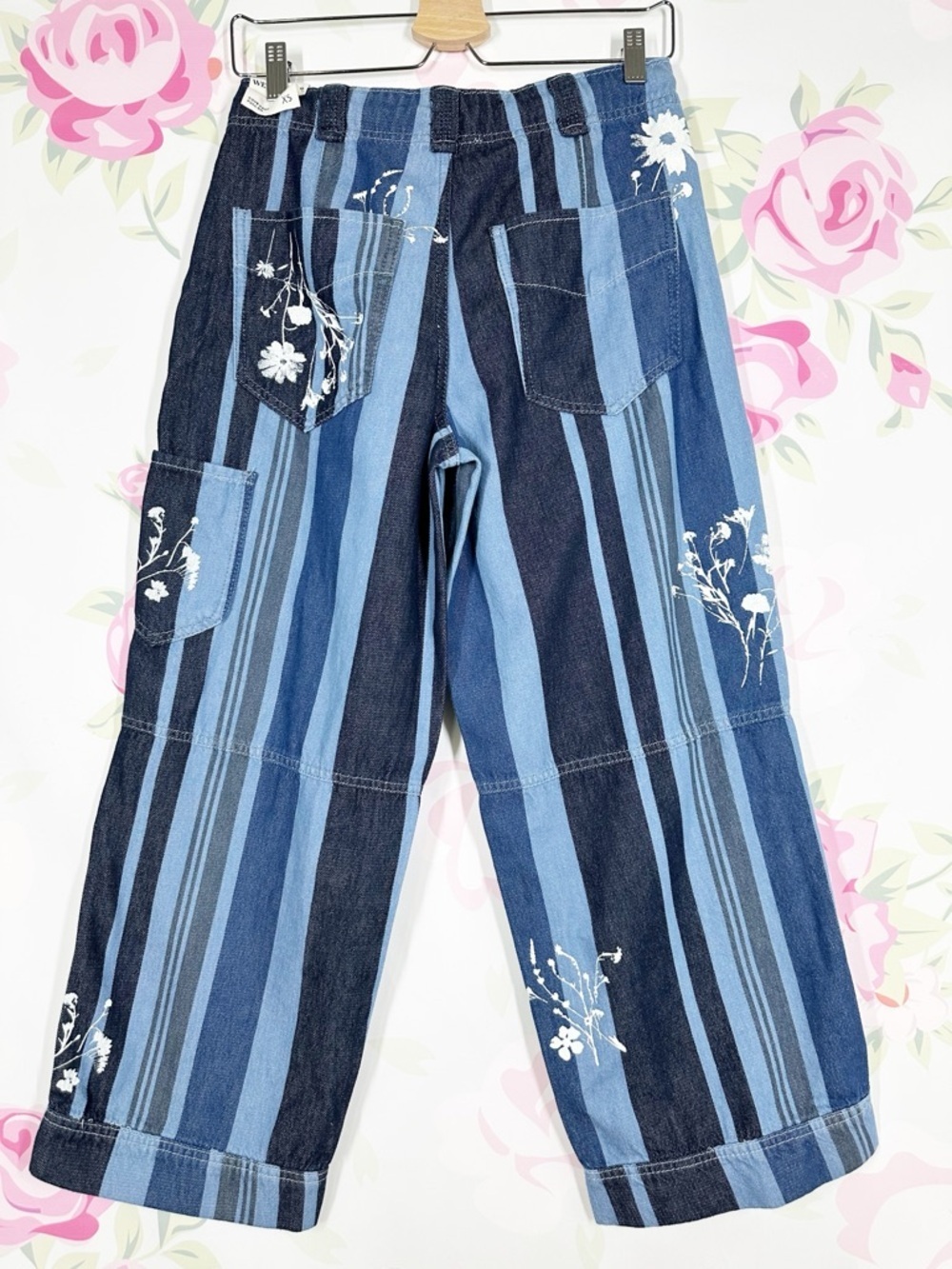 NEW Free People We The Free Cove Crop Pull On Stripe Floral Print Denim Jeans XS - Picture 10 of 14